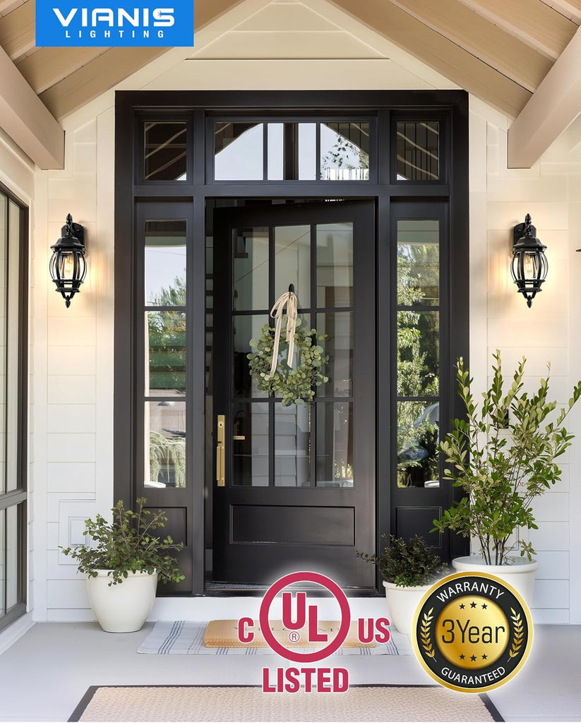 Dusk to Dawn Outdoor Lighting Fixture for House, Black Exterior Wall Light Wall Mount Sconce with Tempered Glass
