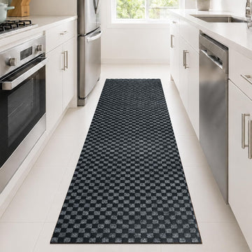 2x8 FT Non-Slip Kitchen Rugs with Rubber Backing, Black Check