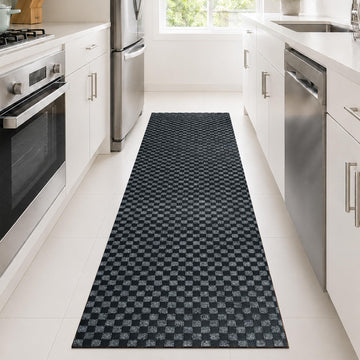 4x16 FT Non-Slip Kitchen Rugs with Rubber Backing, Black Check
