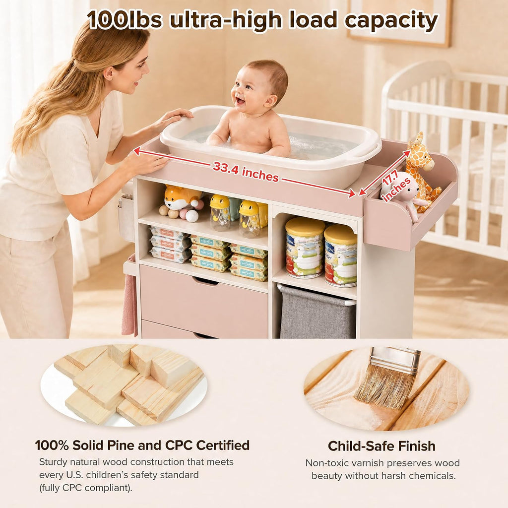 Baby Changing Table, Solid Wood, Drawers & Storage, Rolling, Waterproof Pad | Solid wood frame for durability
