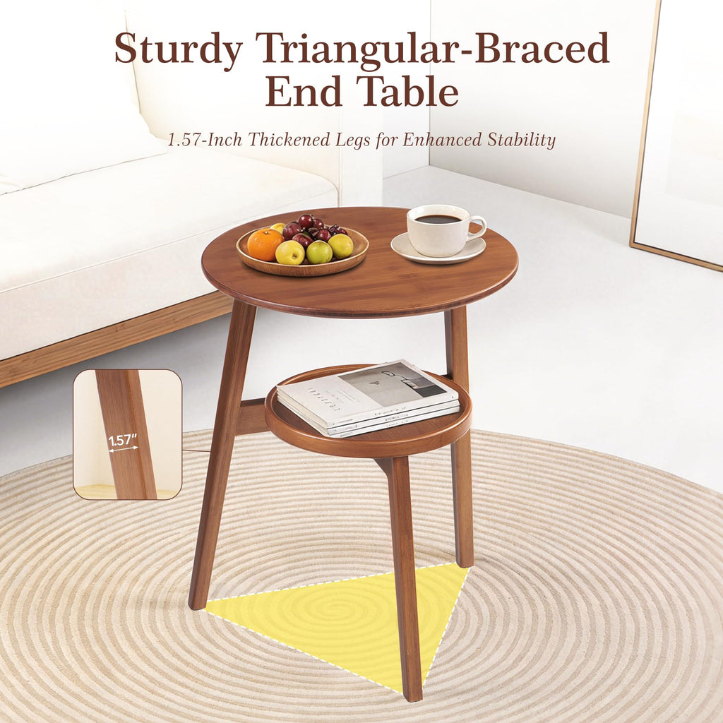 2-Tier Round Bamboo Side Table, Mid Century Modern