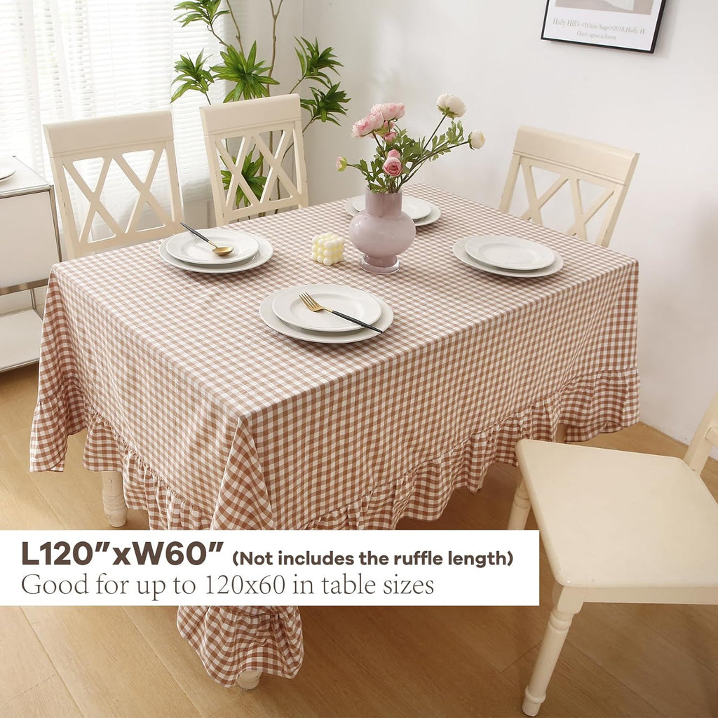 Taupe White Gingham Ruffled Table Cloth Rectangular for Seat 8-10, 100% Washed Cotton Buffet Cottage