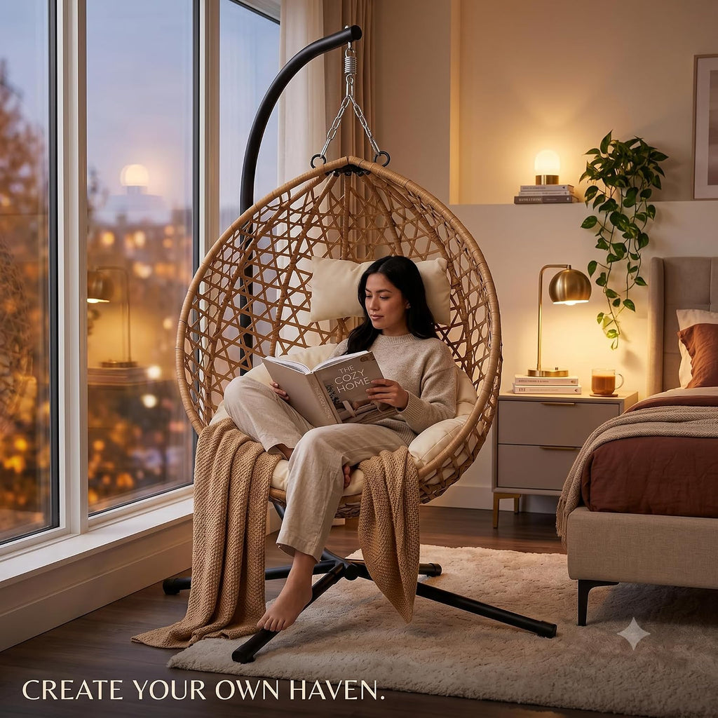 Hanging Egg Chair with Stand, Indoor Outdoor Foldable Hammock Chair with Cushion, HDPE Rattan Wicker Hanging Chair