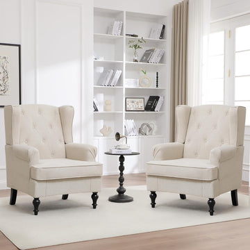 Accent Chair Set of 2, Mid Century Modern Fabric Wingback Chair, Upholstered Armchair with High Back and Vintage