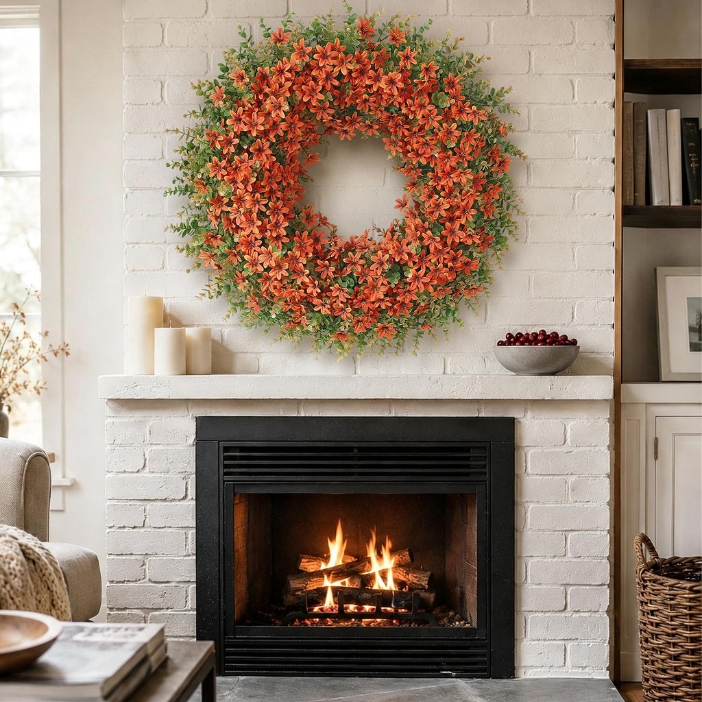 32" Large Artificial Eucalyptus Silk Flower Wreath for Outdoor(Fall Orange)