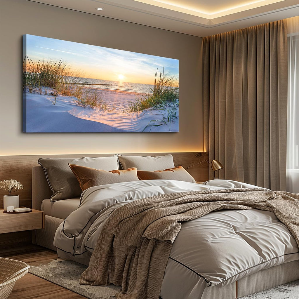 Wall Decor Large Canvas Wall Art Modern Office Pictures Blue Sun Beach Grass Ocean Landscape Paintings Canvas Art