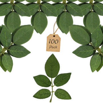 100 Pcs Artificial Rose Leaves Bulk (1 Stem 5 Large-Leaf Green)
