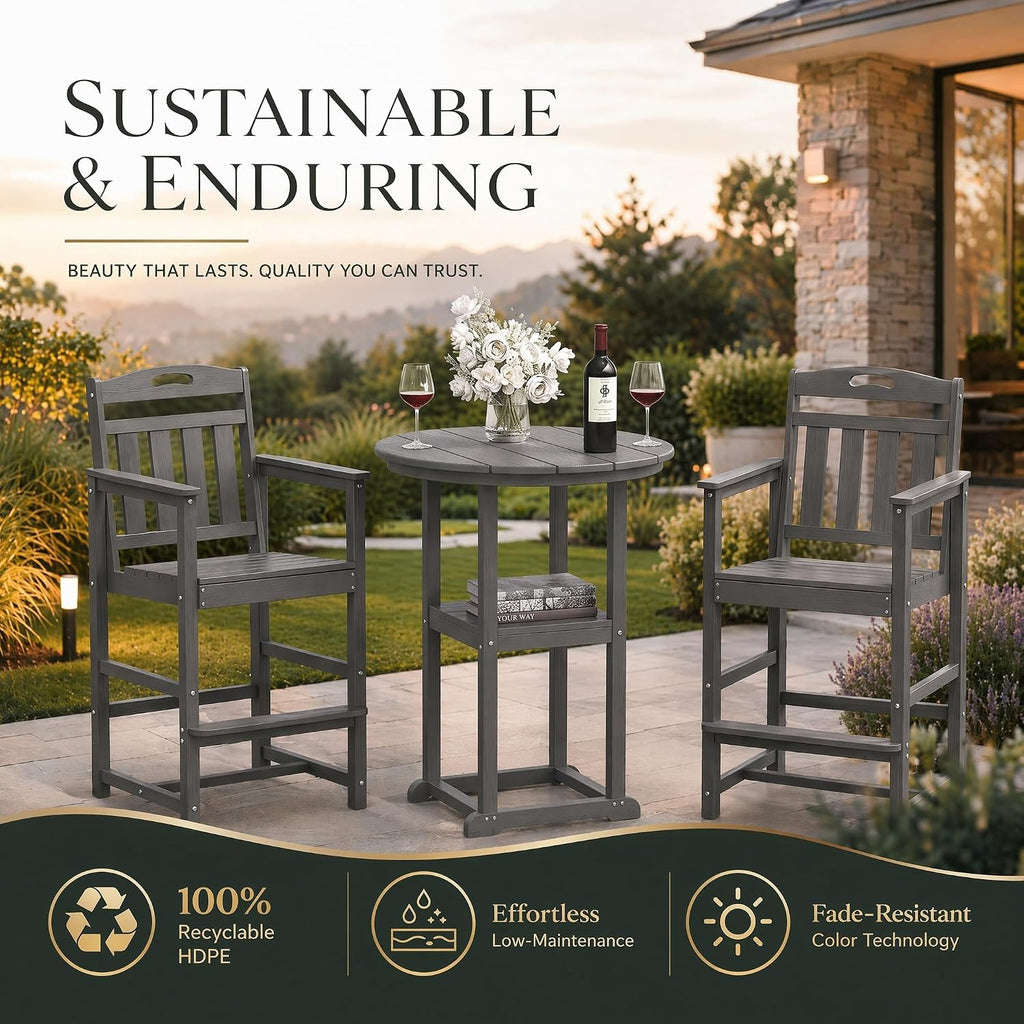 3-Pc Bistro Set High Top Table 2 Adirondack Chairs HDPE Round Grey | Round w/shelf. HDPE wd-grain, adj