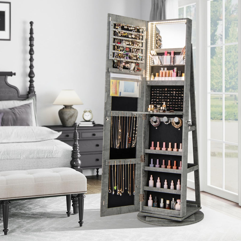 Swivel Jewelry Armoire, Full Length Mirror, Lockable, Stone Gray