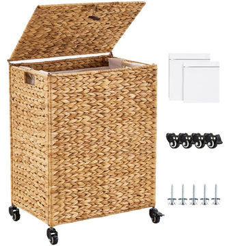 Hand-Woven Natural Water Hyacinth Laundry Basket with Wheels