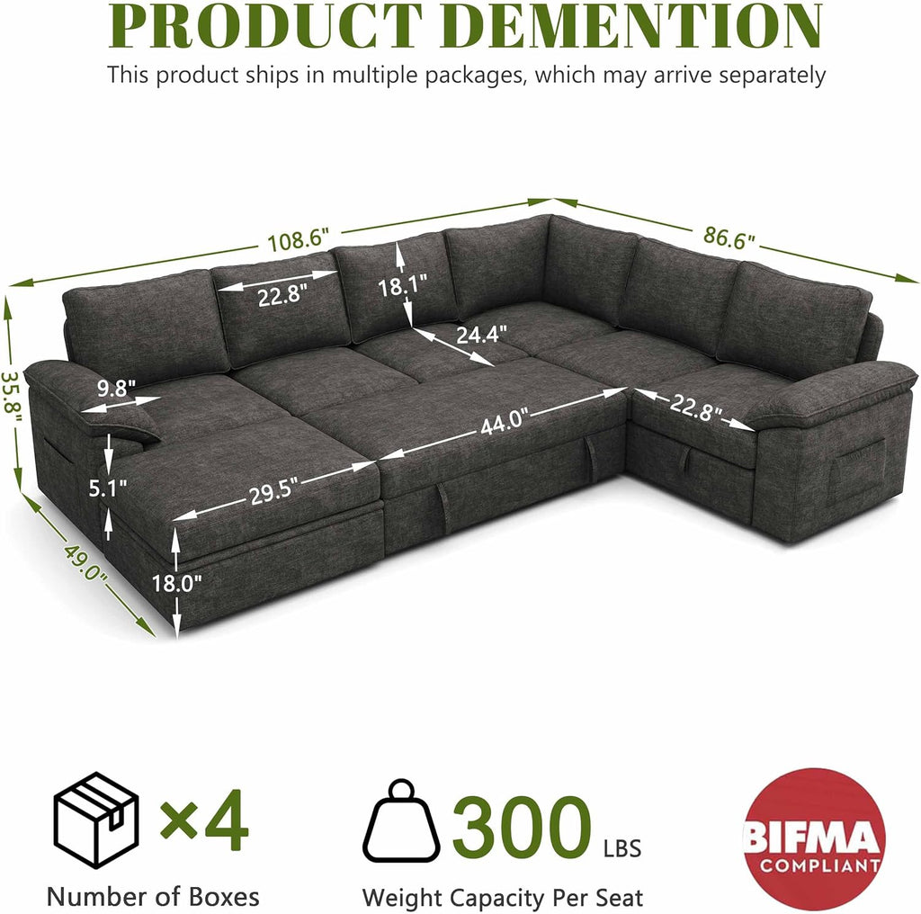 108 Inch Sectional Sleeper Sofa with Pull Out Bed, U Shaped 7 Seat Modular Sectional Sofa with Storage