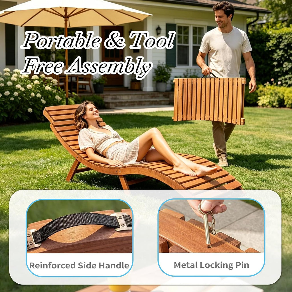 Folding Acacia Wood Outdoor Chaise Lounge-Waterproof Sun Lounger Lawn Backyard Patio