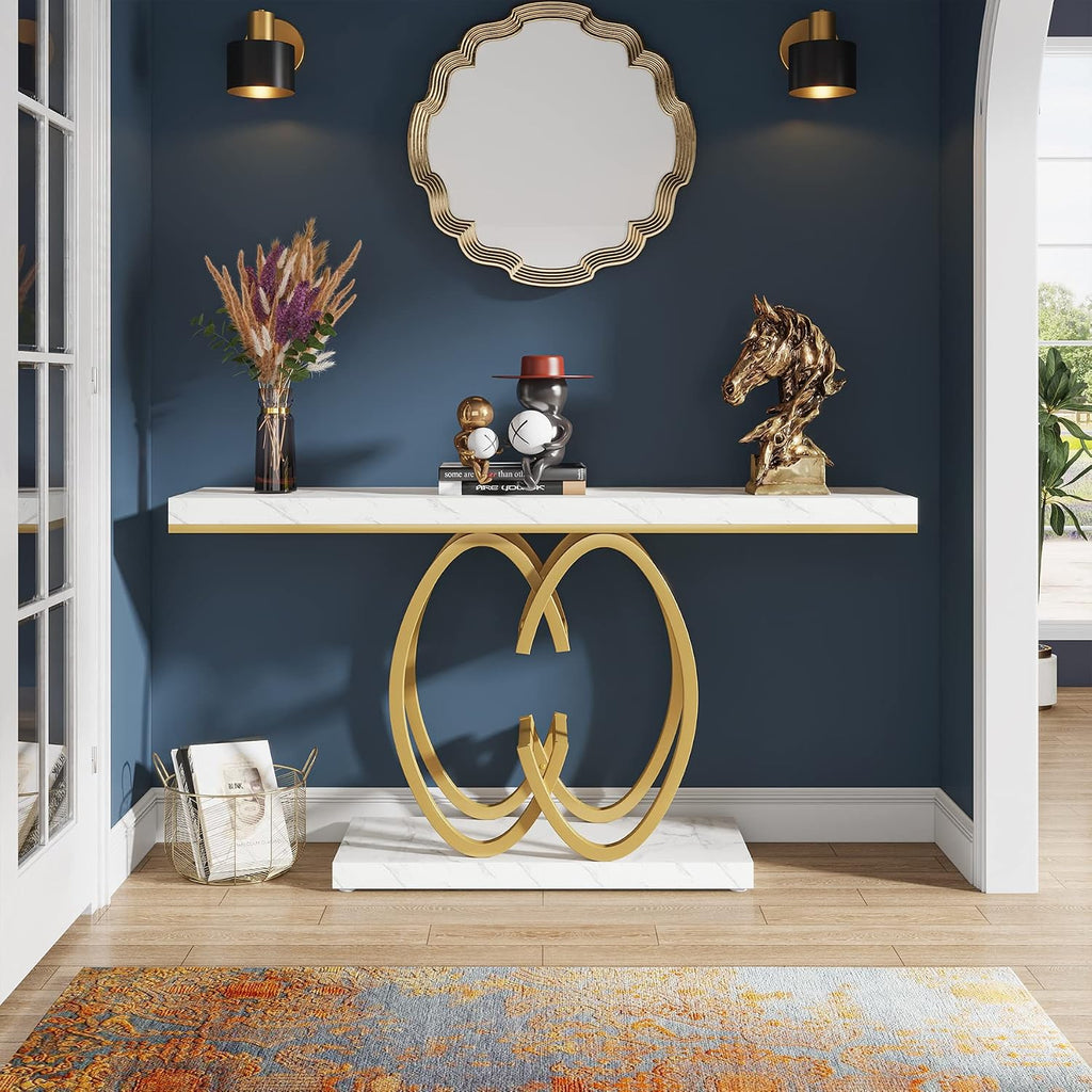 55 Inch Console Table , Faux Marble Gold Entryway Table with Geometric Metal Base, Modern Narrow Sofa Accent Table
