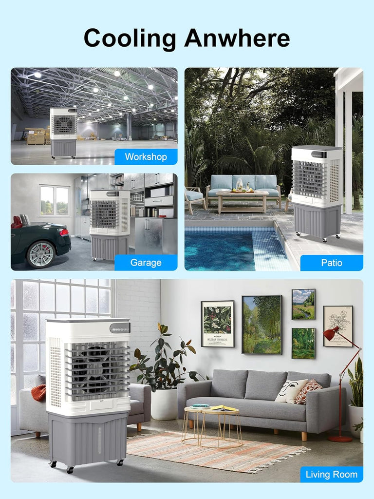 Swamp Cooler, 42 Inch Evaporative Air Cooler with 13.5 Gal Large Water Tank, 3600 CFM, 120° Oscillation