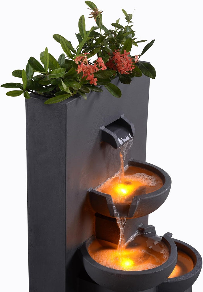 29.13" 3-Tier Cascading Outdoor Water Fountain with Planter, LED Lights Living Spaces, Matte Gray