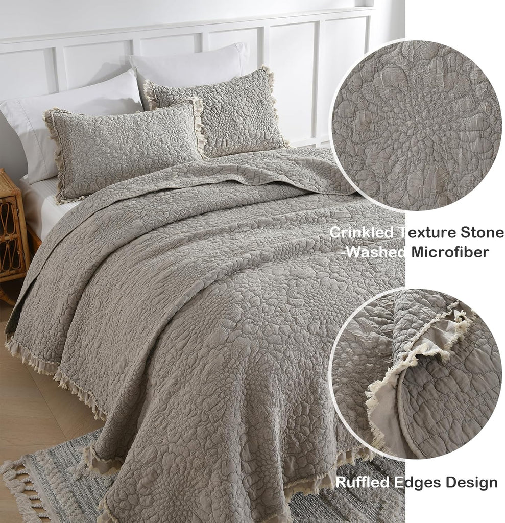 Beige Ruffled Quilt, Stone-Washed Microfiber Lightweight Crinkled Farmhouse Rustic Shabby Chic Bedding Set, 3