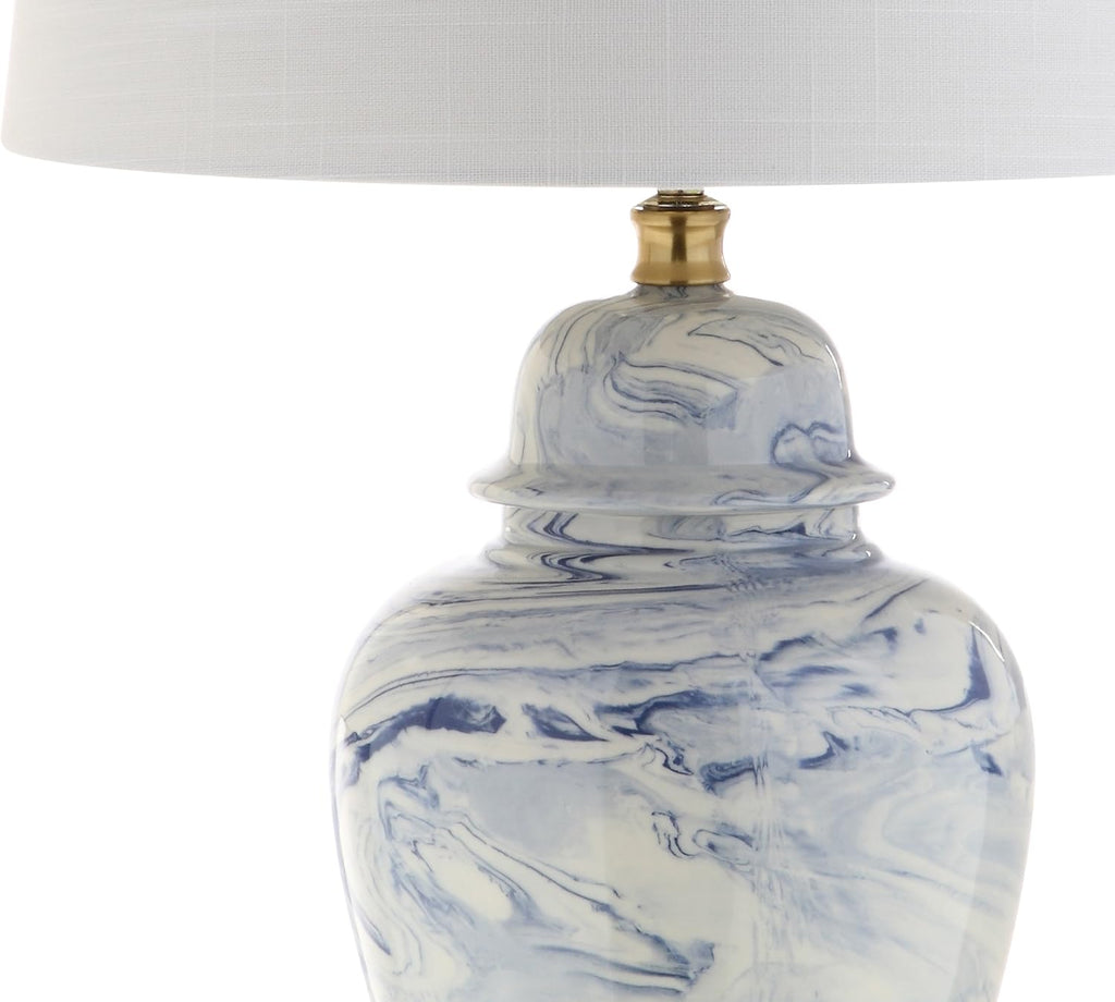 26" Blue and White Marble Ceramic Table Lamp, Traditional Ginger Jar Style with Brass Gold Base