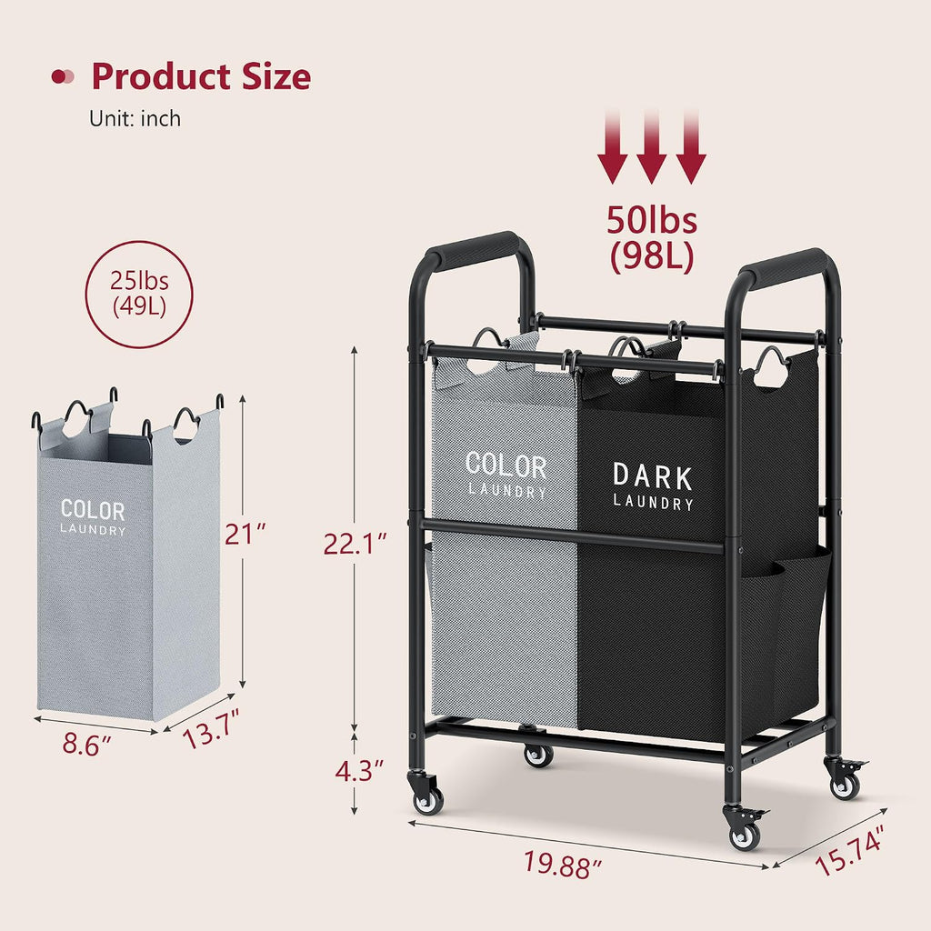 2 Bag Laundry Sorter Cart, Black & Grey | 50lbs Large Capacity, Removable Laundry Bags, Heavy Duty Lockable Rolling