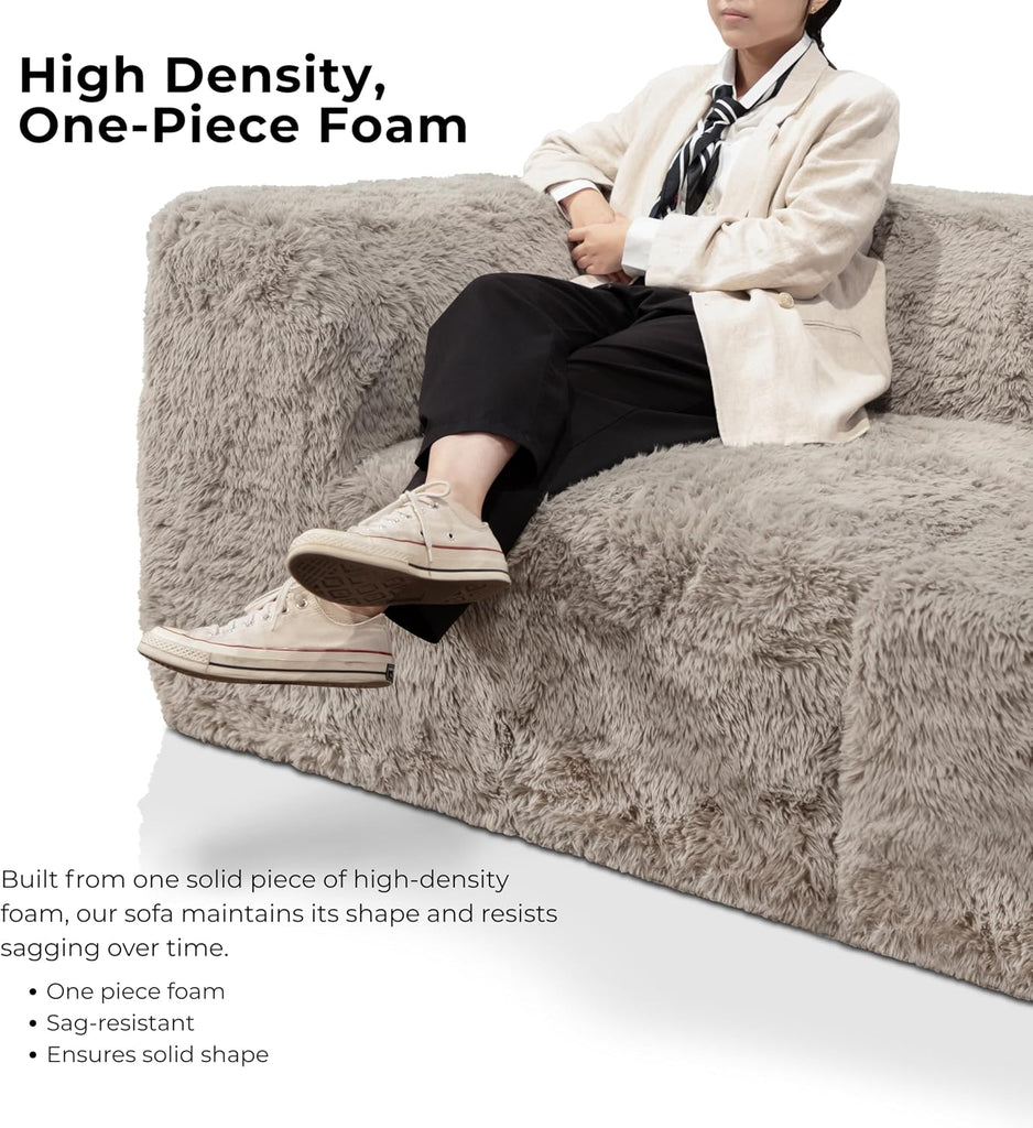 Havyn Modern Faux Fur 5-Seater L-Shaped Modular Foam Sectional Sofa, Compressed Couch in a Box, No Assembly Required