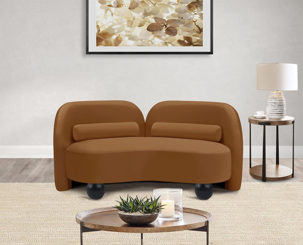 44002Saddle-L Daphne Collection Art Deco Loveseat with Rich Saddle Velvet Fabric, Solid Wood Ball Legs, Solid Wood