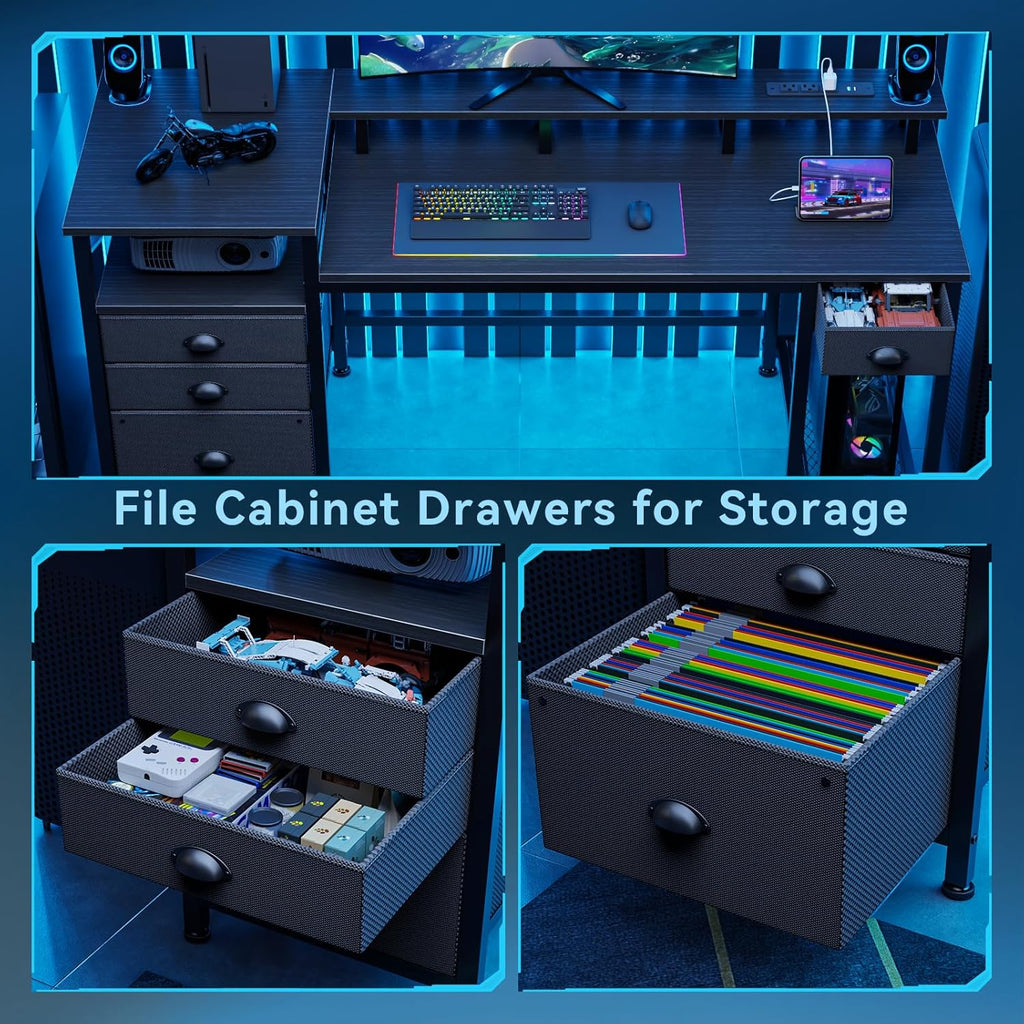 60" Black Computer Desk with 4 Drawers and Printer Space, Gaming Desk with LED Lights and USB Power Outlets