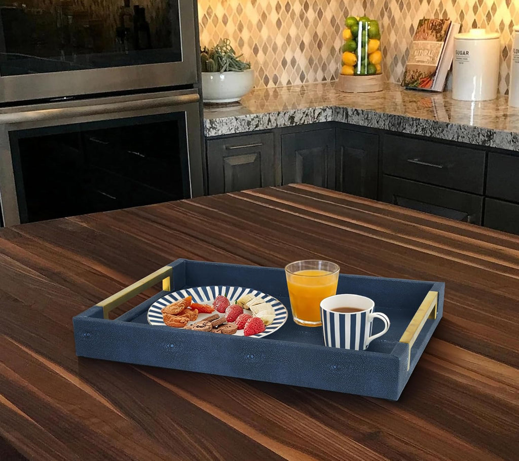 Faux Leather Serving Tray with Gold Metal Handles, Stylish Decorative Tray Organizer for Coffee Table, Ottoman, Home