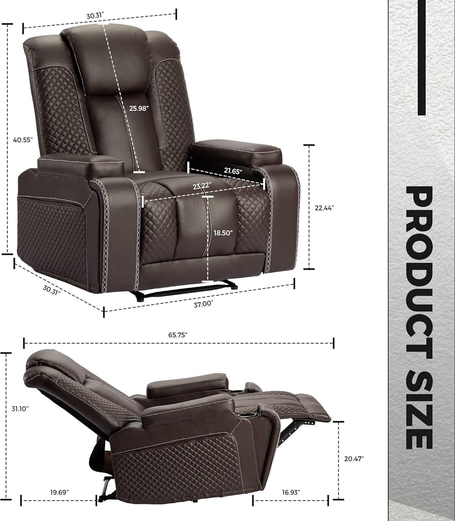 Recliner Chair Set of 1 Theater Seating Breathable Leather Sofa, USB Ports, Suitable Living Room Home Brown