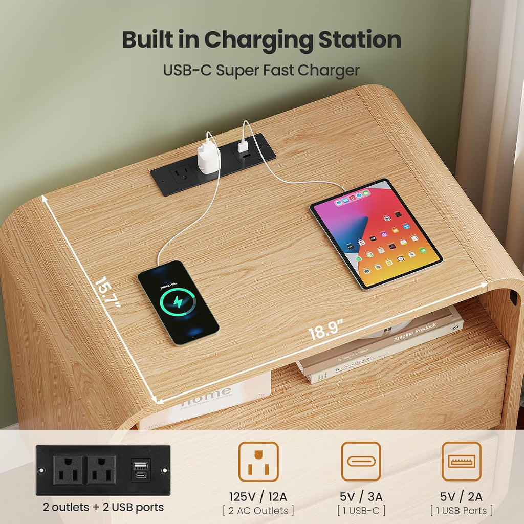 25" Tall Modern Nightstand with Charging Station, 23.6" Wide Wood Bedside Table w/2 Storage Drawers, Curved Profile