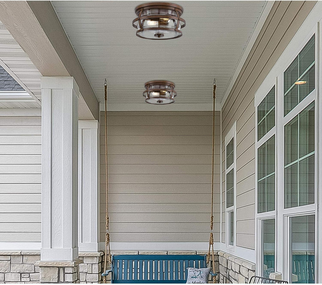 Weatherby 14 Inch Rustic/Arts & Crafts Two-Light Outdoor Flush Mount Ceiling Light, Barnwood Finish, Clear Glass, bronze