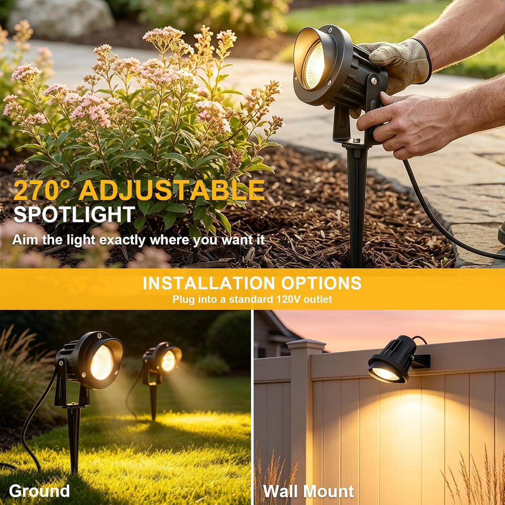 12W LED Landscape Spotlights, 120V Plug-in Outdoor Lighting, 4 Pack | 1200LM Brightness with 3000K Warm White, IP65