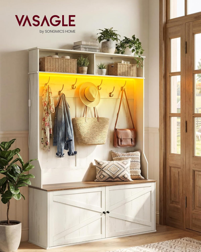 Hall Tree with Bench and Shoe Storage, 5-in-1 Coat Rack with Shoe Bench, Adjustable LED Light, 7 Double Hooks