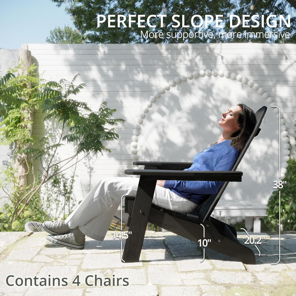 Folding Adirondack Chairs Set of 4, HDPS Fire Pit Chairs, Black | All-weather-resistant, ergonomic curved design