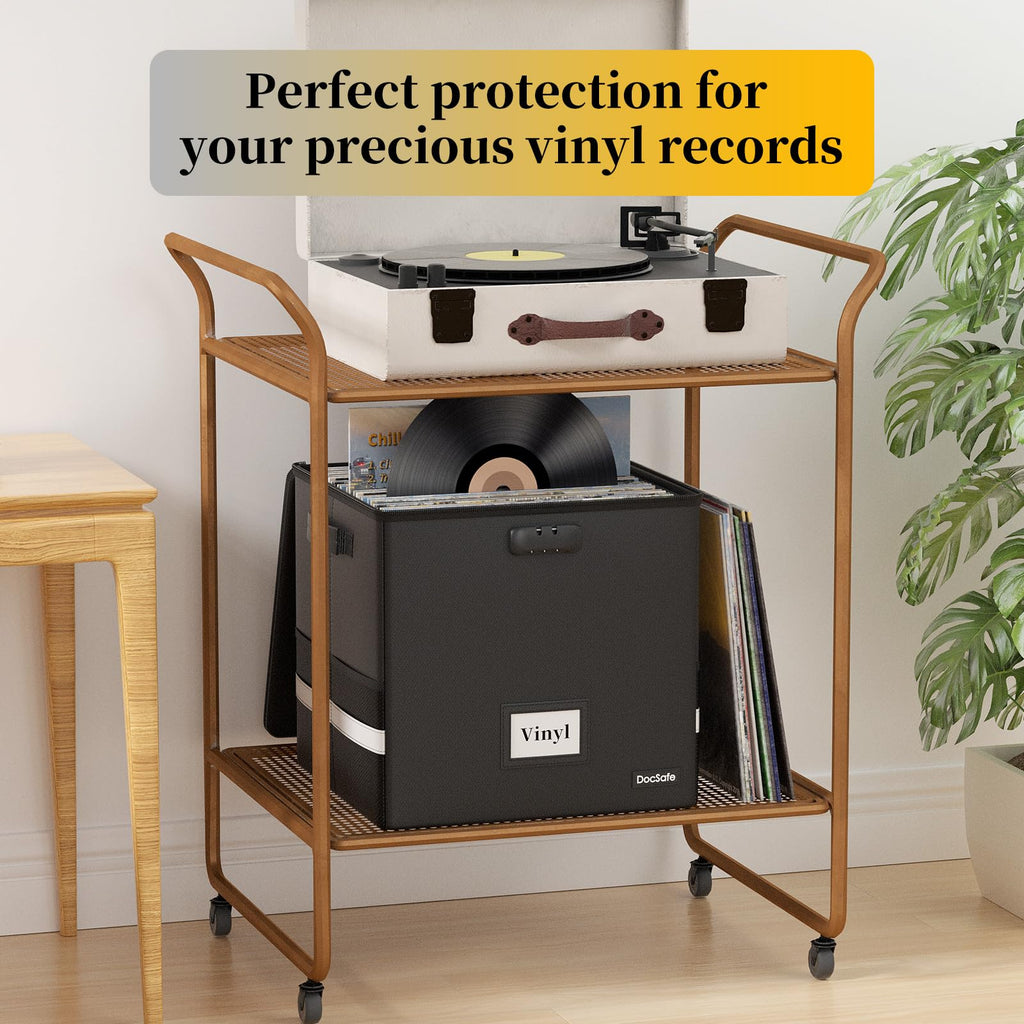 Vinyl Record Storage Box with Lock, Fireproof&Water Resistant Record Organizer Storage for 100+ Single