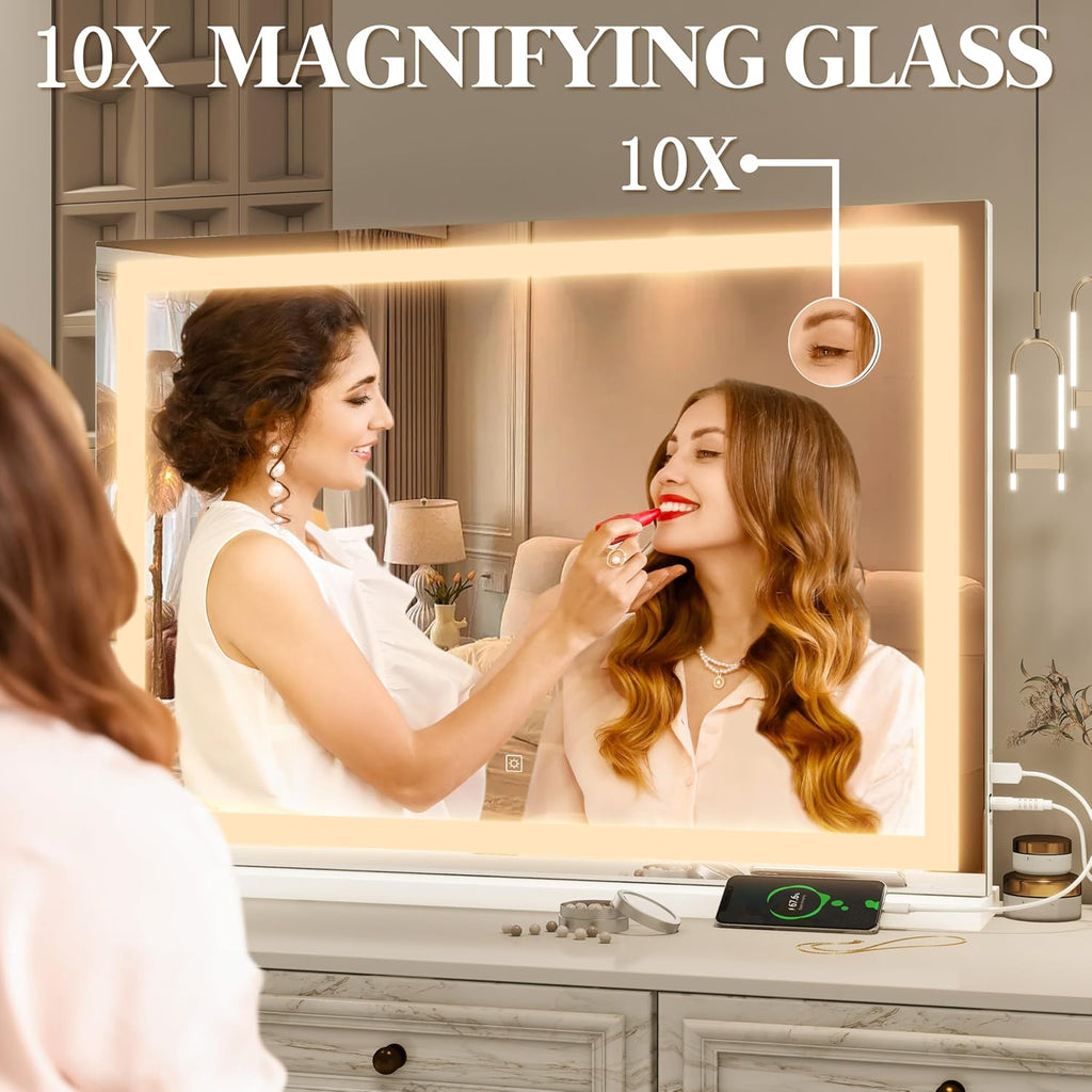 Vanity Mirror with Lights 32"x22", Lighted Makeup Mirror, Large Vanity Mirror, Touch Sensor with 3-Color Lighting, USB