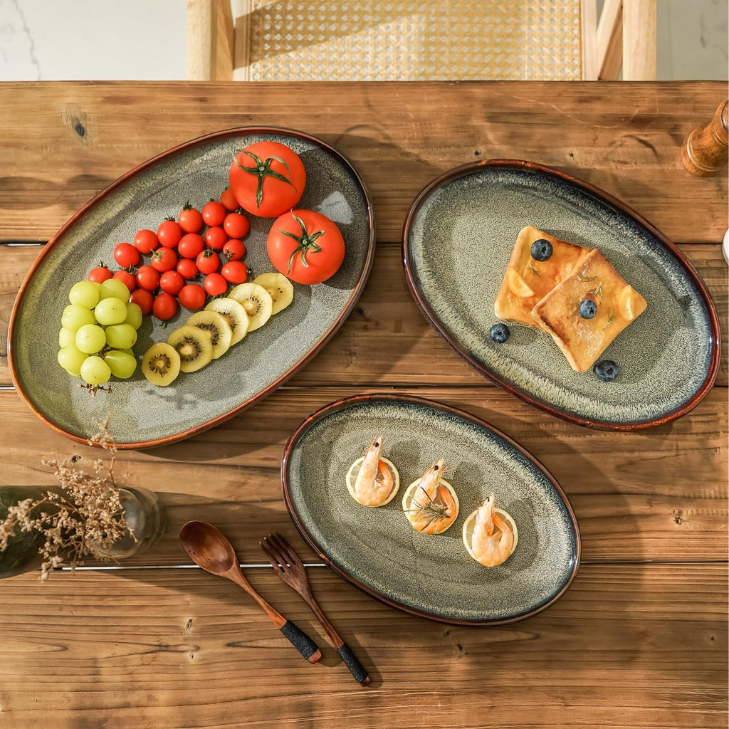 Ceramic Large Serving Platters- Set of 3 Oval Platters for Entertaining. Modern Kitchen Dishes for Dinner, Fruit