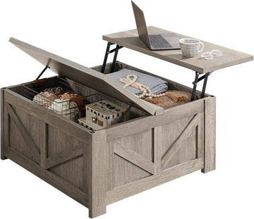 Lift Top Coffee Table, Square Farmhouse Coffee Table with Hidden Storage Compartment, Wood Center Table, Gray