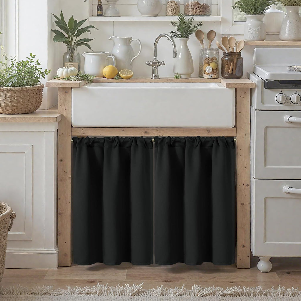 Short Blackout Curtains 45 Inch Long, Black Darkening Drape 2 Panels - Set of 2