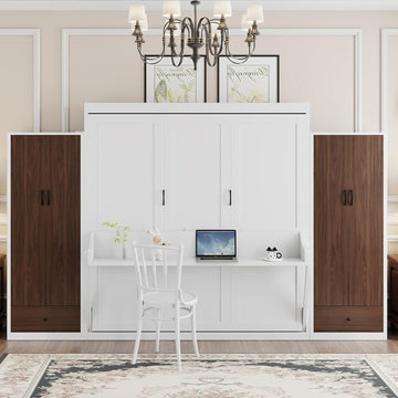 Queen Murphy Bed, Wooden Queen Wall Bed with Closet, Drawers and Desk, White