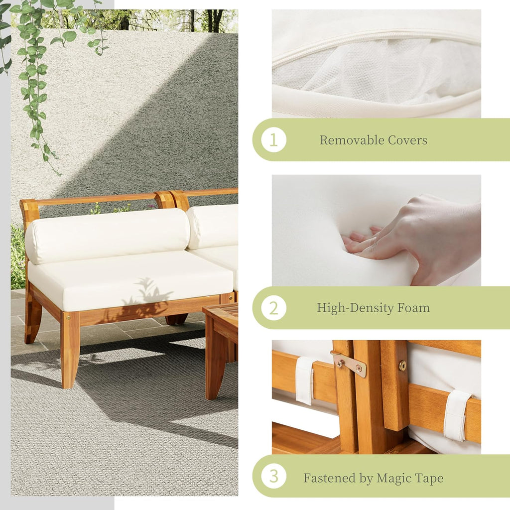 6 Piece Patio Sofa Set, Acacia Wood Outdoor Modular Sectional Garden Furniture Set, L-Shaped Conversation Set with