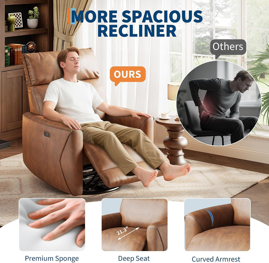 Power Recliner Chair, PU Leather Swivel Rocker Recliner with USB Ports, Upholstered Nursery Glider Reclining Sofa