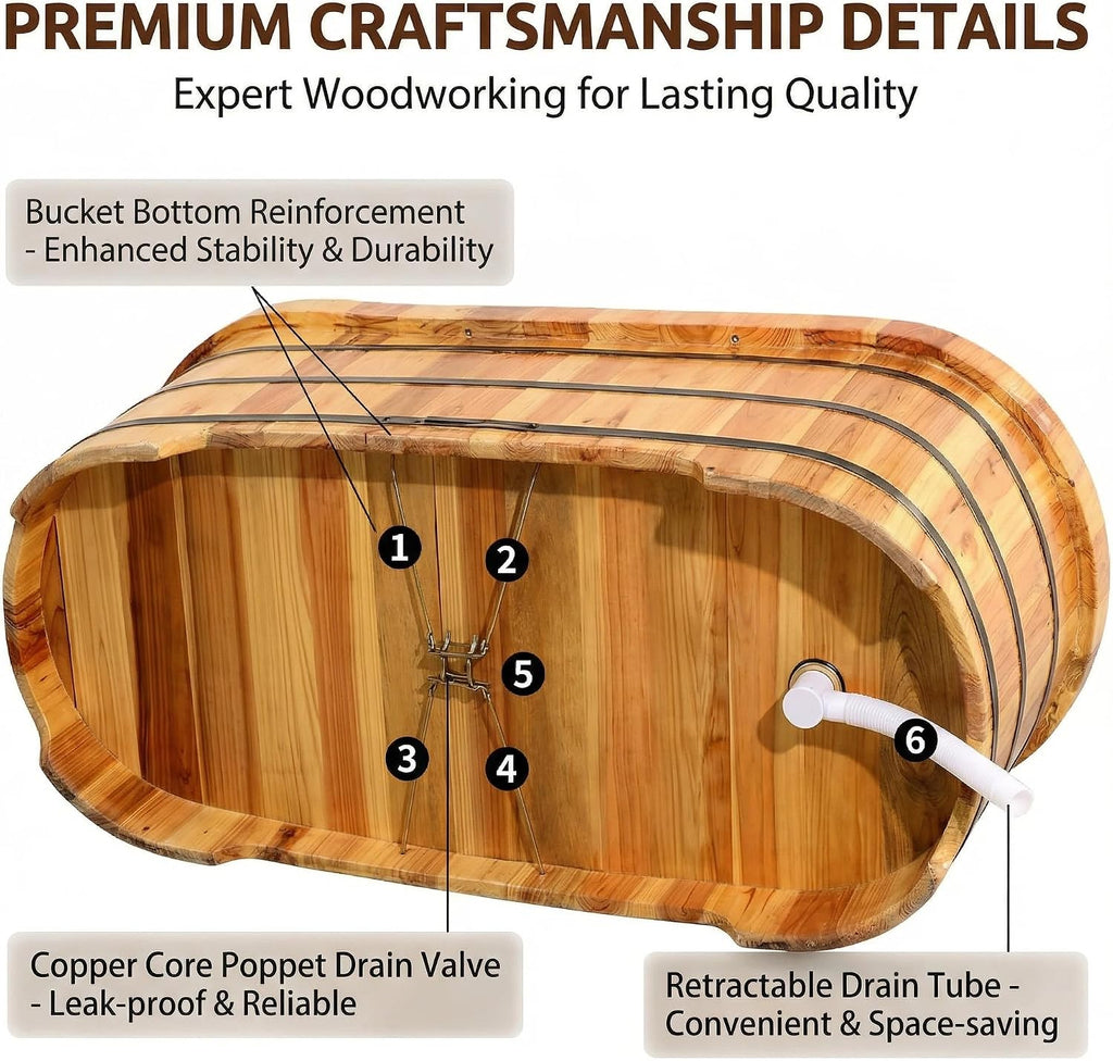 Natural Cypress Wood Hot Tub with Steam Lid & Non-Slip Handrails - 47" Freestanding Spa Bathtub for Adults and Kids