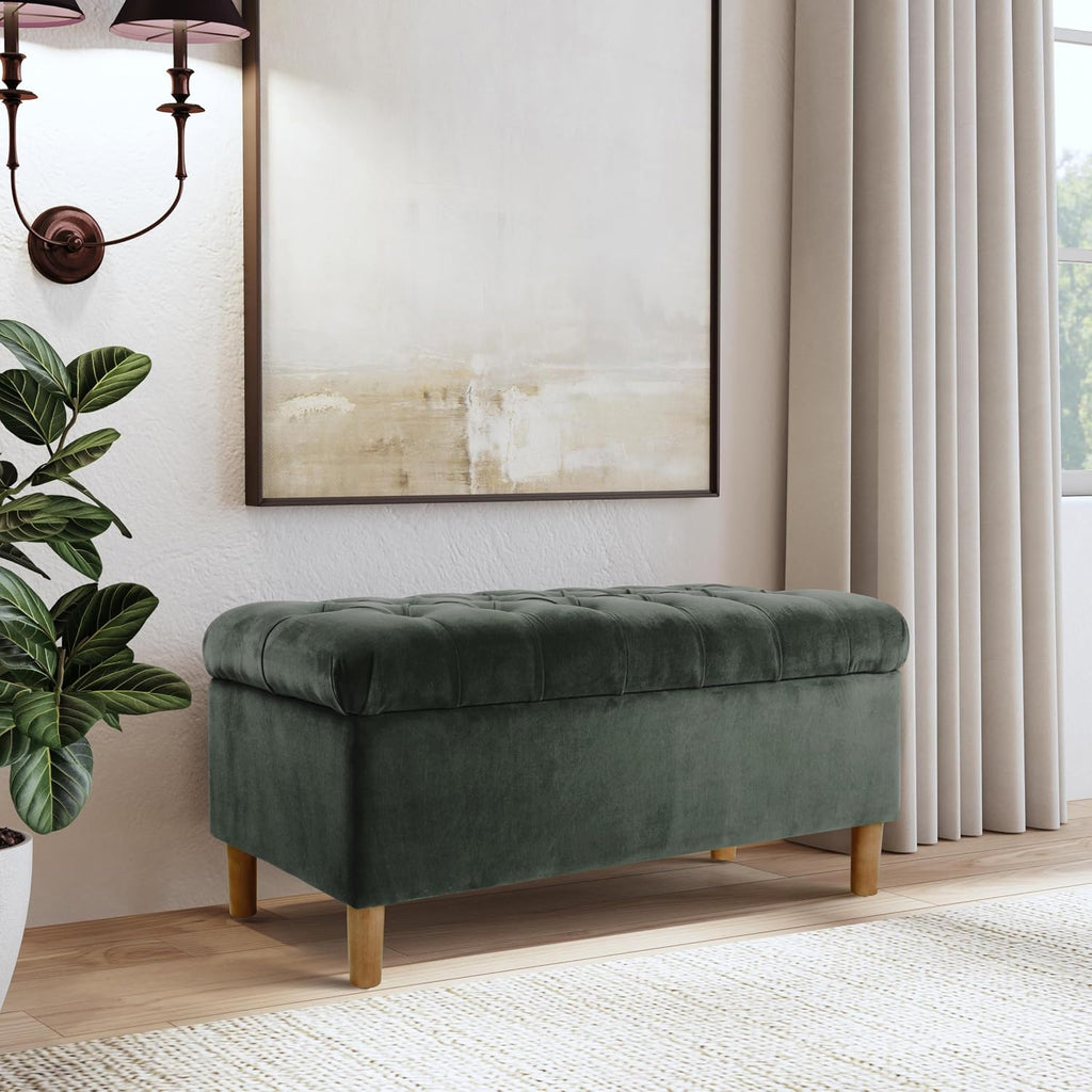 40" Ainsley Button Tufted Storage Bench - Loden Green Velvet