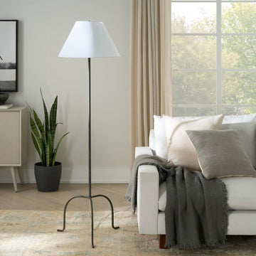 66" Black Wrought Iron Heritage Metal Slim Tripod Standing Floor Lamp for Modern, Industrial, Minima