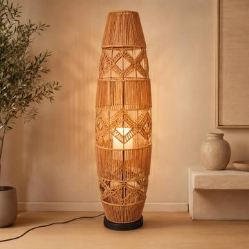 Bamboo Floor Lamp, Farmhouse Style Large Wicker Indoor Floor Light, Boho Standing Light Plug in, Woven Rope Standing
