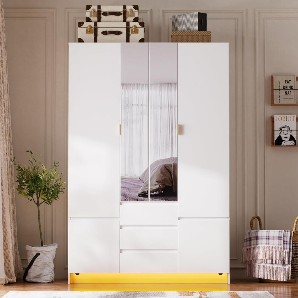 4 Doors Armoire Wardrobe Closet with Led Light & Mirror, Bedroom Large Capacity Freestanding Armoire Wardrobe with