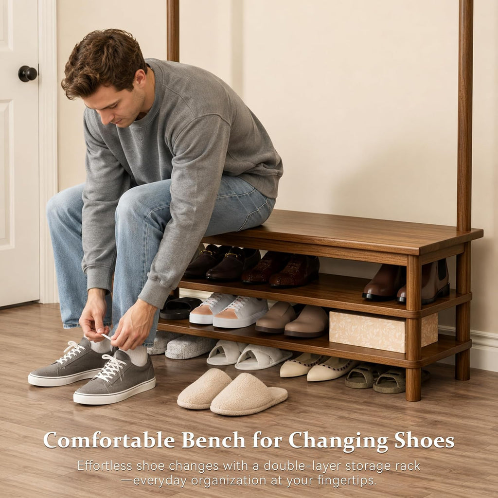 Hall Tree with Shoe Storage Bench, 3-in-1 Entryway Coat Rack with Bench, 11 Hooks, Freestanding Wooden Entryway