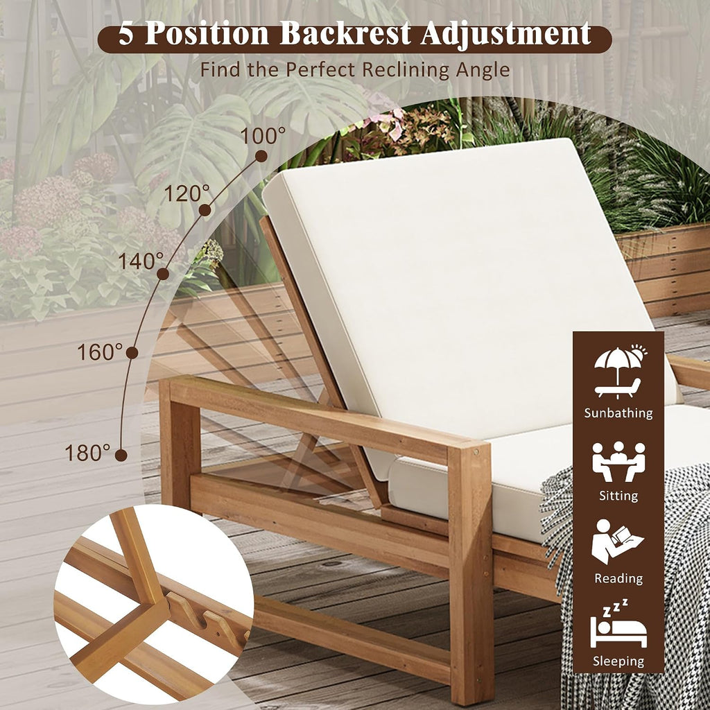 Outdoor Chaise Lounge 2 Pcs, 5-Position Adjustable Lounge Chair with Cushion & Adjustable Backrest, Set of 2 Sun