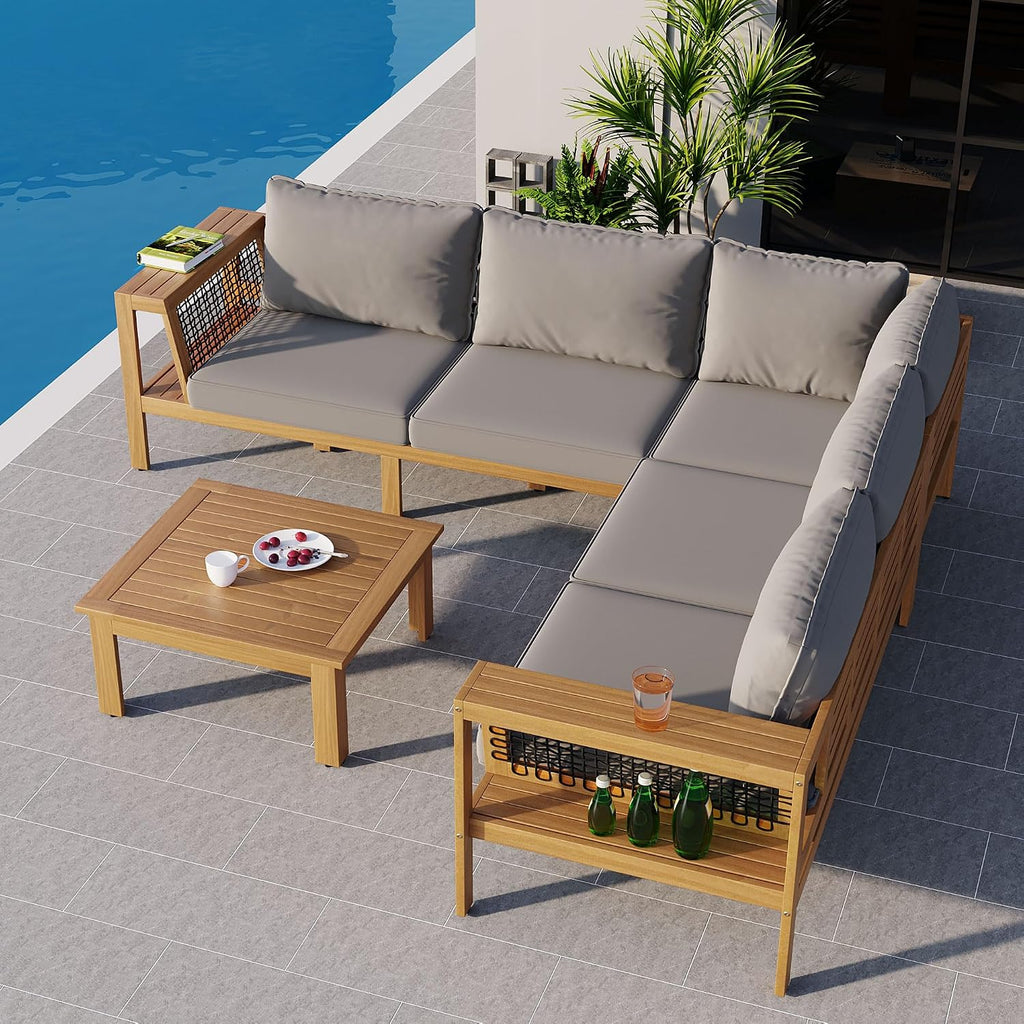 4 Pieces Patio Furniture Set, Outdoor L-Shaped Sectional Sofa Set with Coffee Table, Acacia Wood Conversation Seating