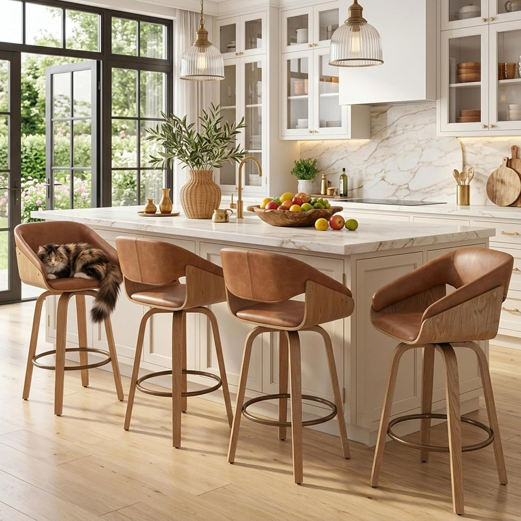 26 Inch Swivel Bar Stools with Back Set of 4, Brown Faux Leather Upholstered Counter Height Barstools with Solid