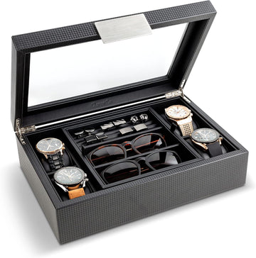 Valet Jewelry Box for Men - Holds 4 Watches, 12 cufflinks, 2 Sunglasses & Tray Storage - Mens Watch Case